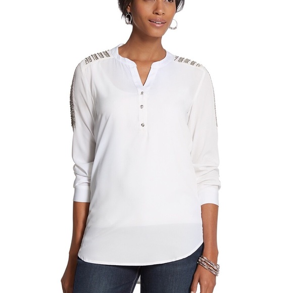 Chico’s Studded Antique White Blouse Size 2 = L / 12 - Picture 2 of 12